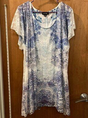 Size 3X - Cal Style - Romantic Blue and White Lacy Short Sleeve Blouse